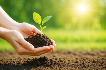Poster - Hands holding soil with young green plant in sunlight on natural blurred background, symbolizing growth, ecology, and environmental care concept.