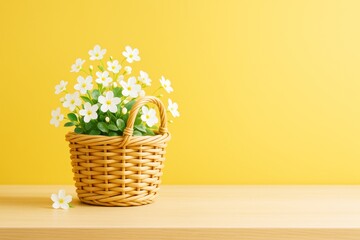 Aufkleber - Wicker basket with white flowers and green leaves on wooden table against vibrant yellow background in bright light setting. Ai generative.