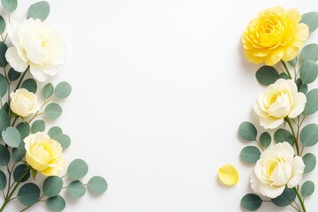 Poster - Elegant floral background with soft yellow and white flowers and green leaves arranged symmetrically on a light backdrop. Ai generative.