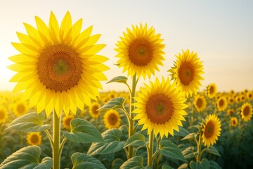 Poster - Bright sunflowers in full bloom under warm sunlight in a wide open field with a soft sky background and vibrant green leaves on tall stems.