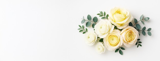 Poster - Elegant yellow and white roses with green leaves on white background with empty copy space for design, banner, or postcard template.