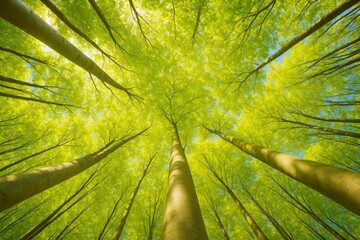 Poster - Surreal view of tall green trees reaching toward bright sky in lush forest with sunlit canopy and dreamlike atmosphere from ground perspective.