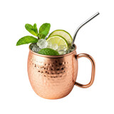 A refreshing moscow mule cocktail served in a classic hammered copper mug with ice, lime slices, fresh mint, and a reusable metal straw. Ideal for summer and bar menus.