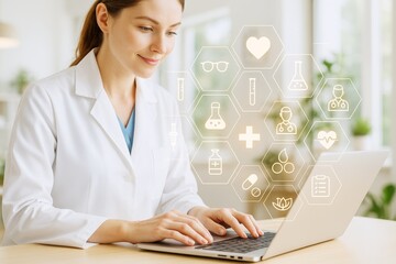 Poster - Female doctor using laptop with futuristic medical interface on light background, symbolizing science, innovation, and health technology concept.
