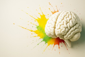 Poster - Human brain model with vibrant paint splashes on light background symbolizing creativity and scientific imagination in colorful expression.