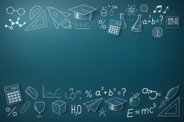 Poster - Education and science doodle icons on teal background with school-related symbols like formulas, lab tools, and graphs in chalk style. Ai generative.