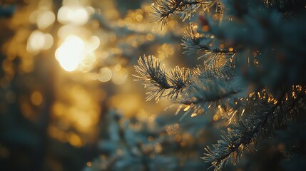 Wall Mural - a close view of pine needles. beautiful sunlight filters through the branches. nature inspires calm 
