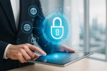 Aufkleber - Businessman using tablet with glowing padlock hologram symbolizing cybersecurity and data protection in modern digital environment concept.