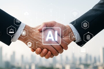 Aufkleber - Business handshake symbolizing AI collaboration with futuristic technology icons on light background in a creative digital partnership concept.