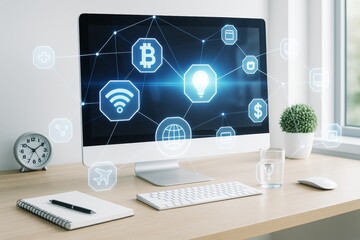 Aufkleber - Modern desktop with glowing tech network icons and digital connections on screen in bright workspace environment with creative light background.