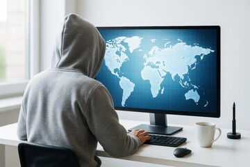 Aufkleber - Hacker in hoodie using computer with global map on screen at modern desk in bright room, symbolizing cybercrime and tech threats worldwide.