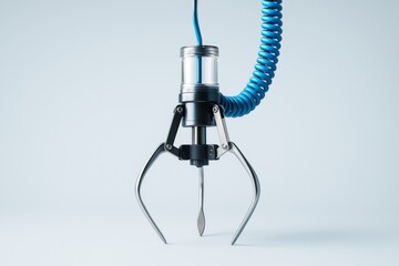 Poster - Futuristic robotic claw arm with blue coiled cable on soft light background, representing advanced technology and automation concept.