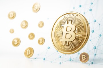 Poster - Golden bitcoin coins floating in abstract blockchain network on white background, symbolizing digital currency and financial technology concept.