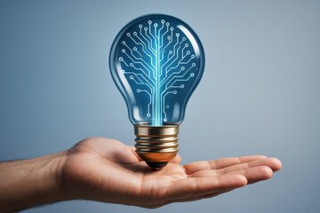Poster - Futuristic technology light bulb with circuit tree design hovering above an open hand on a gradient background, symbolizing creative innovation concept.