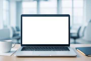 Poster - Laptop with blank white screen on desk in office environment for design template or promotional business content mockup.