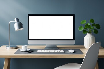 Poster - Minimal workspace with modern computer screen on desk, blank white display for mockup or design preview in clean office setting for business use.
