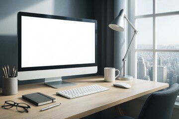 Poster - Modern workspace with blank computer screen on wooden desk near window with city view used for copy space or technology advertising mockup template.