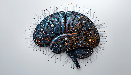 Fototapete - Artificial intelligence concept shows a digital brain with integrated circuitry and neural network connections on a neutral background.