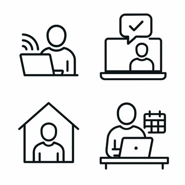 Remote work icons show people working online at home, communicating via video calls, and managing schedules, depicted in a clean, modern line art style.