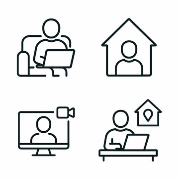 Work from home concept shows line icons representing remote work, online meeting, stay home and home location.
