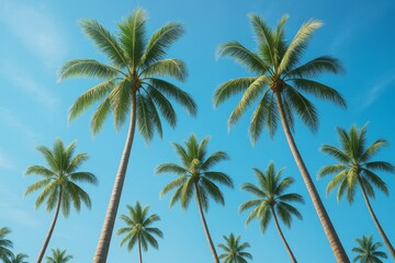 Poster - Tropical palm trees under clear blue sky with bright sunlight, ideal summer background for vacation, beach, and travel concept scenes.