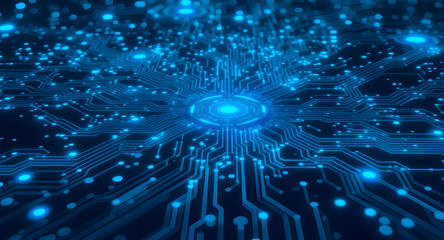 Poster - Glowing blue network lines create a digital circuit board background suitable for technology or computing presentations.