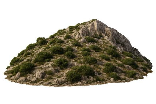 Realistic 3d rendering of a rocky hill covered with vegetation, isolated on a transparent background