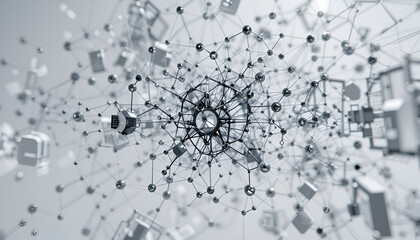 Fototapete - A complex network of interconnected spheres and shapes creates an abstract design ideal for technology, science, or business concepts.
