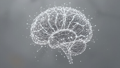 Poster - A digital brain rendering depicts artificial intelligence and neuroscience concepts with connected nodes and intricate neural networks on a grey backdrop.