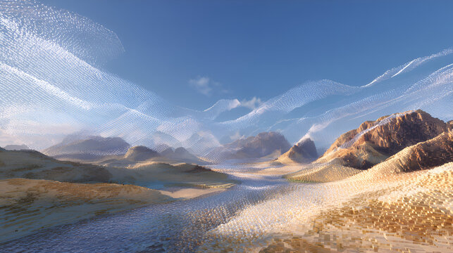 Voxel Landscape with Mountains and Water Under Clear Sky