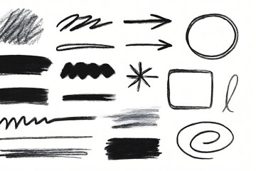 Poster - Essential Graphic Elements: An assortment of artistic graphic elements, each designed to add unique flair to projects. Featuring drawn shapes, arrows, and creative marks.