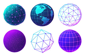 Poster - Globe Cluster: A collection of spherical digital globes showcases diverse representations of our world, highlighting interconnectedness and data visualization.