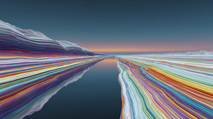 Poster - Abstract Colorful Landscape with Water Reflection and Sky at Dusk