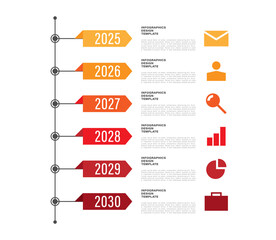 Poster - Timeline vertical infographic template. Six positions or processes with icons and years