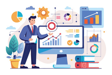 Poster - Business professional presents analytical report on research results using charts and graphs in a modern office setting with various data visualizations
