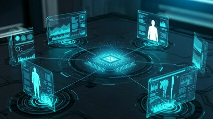 Data network display transparent screens showing human figures and information connected to central processor for analysis visualization
