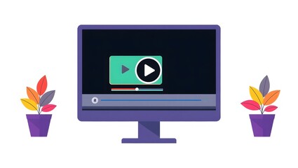 Poster - Modern computer screen displaying a video player interface with play button and progress bar next to potted plants