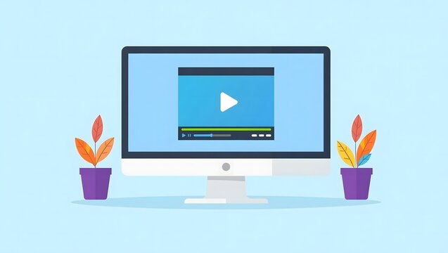 Modern computer displaying a video player interface with a play button and progress bar flanked by potted plants