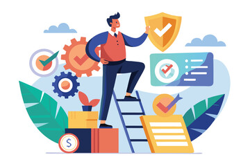 Poster - Quality control manager climbing a ladder to ensure product standards and safety in a modern workspace