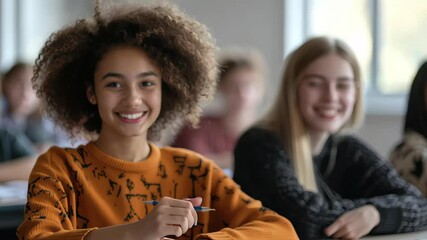 Poster - Cheerful teen girls collaborate and share ideas in classroom setting during school hours, Cheerful teen girls working side by side in school art class