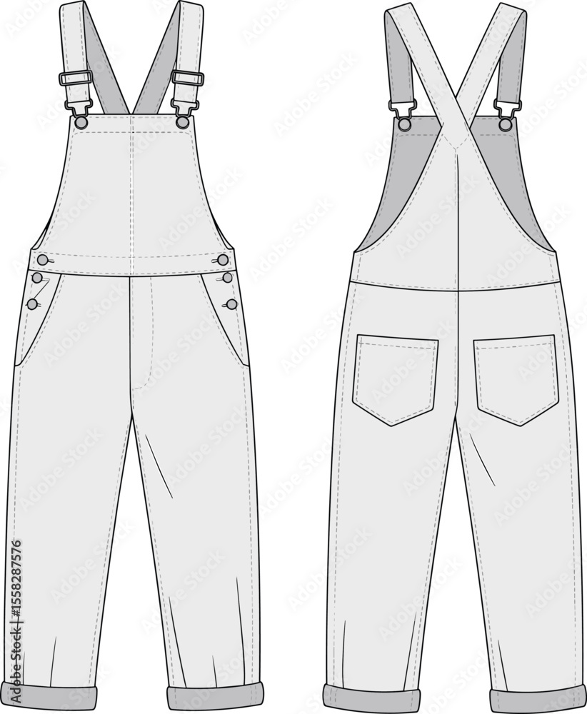 Stylish denim overalls fashion cad drawing, vector technical flat ...