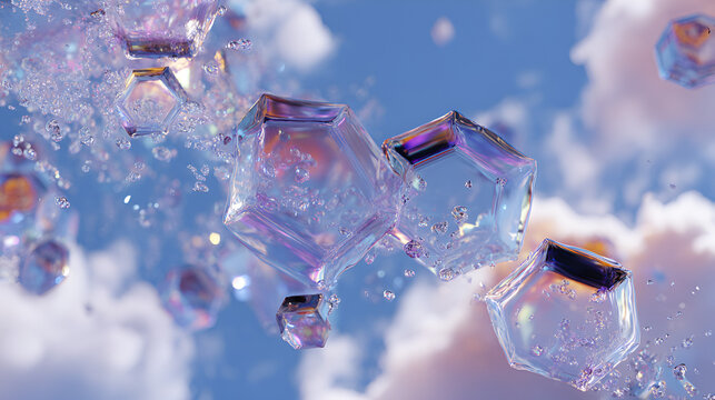 Floating Crystal Shapes with Rainbow Reflections Against a Cloudy Blue Sky