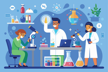 Poster - Scientists conduct research in a colorful laboratory with advanced equipment and engaging teamwork during a busy workday