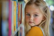 © Serhii - Focused Caucasian Girl with Blonde Hair Selecting a Book in a Colorful Library Setting