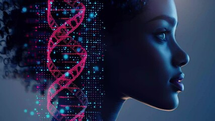 Poster - Woman's profile highlighted by digital DNA helix symbolizing genetic advancement and innovation, Woman with digital DNA helix superimposed on her profile