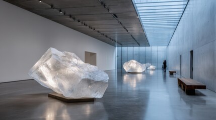 Poster - Modern glass sculpture displayed in spacious minimalist gallery with natural light