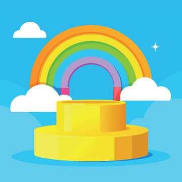 Empty yellow podium, rainbow, clouds,