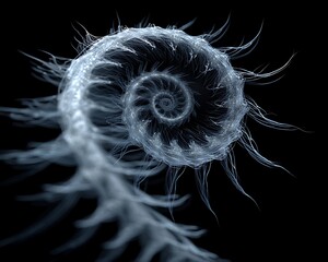 Poster - A translucent spiral structure with tendrils against a stark black background in a digital rendering