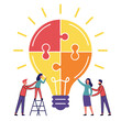 © Irin - People are assembling a lightbulb made of jigsaw pieces collaboratively on a white background