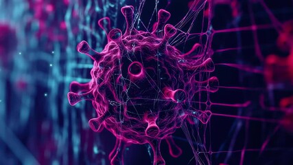 Poster - Showcase of intricate virus structures revealing complex patterns and connections in a dark background, Showcase the intricate patterns and structures of a computer virus attacking a database